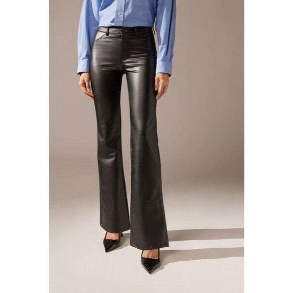 Calzedonia Size XS Black Thermal Flare Fit Faux Leather Leggings Coated Effect